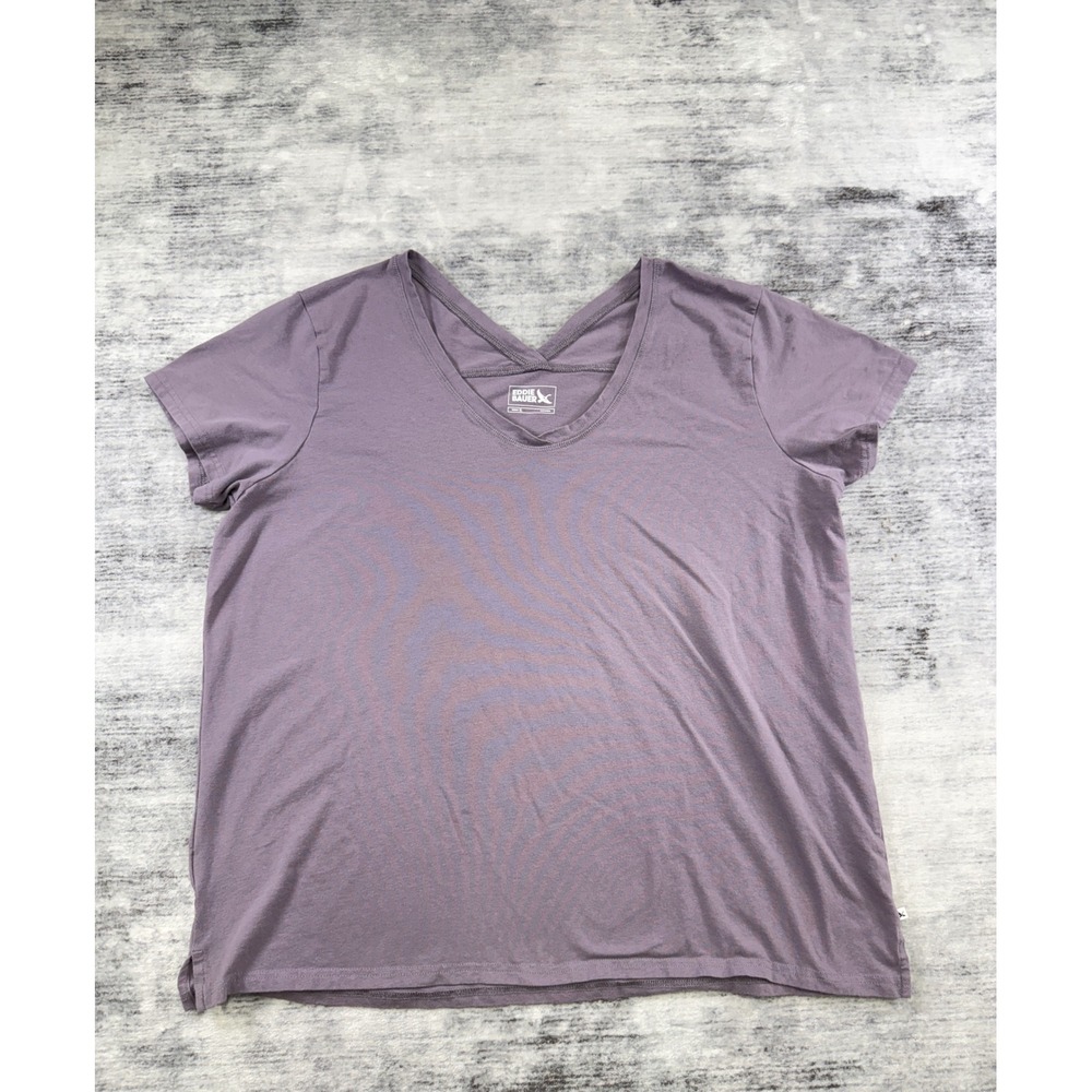 Eddie Bauer Womens XL Purple V-Neck Short Sleeve Tee Back Detail Cotton Blend